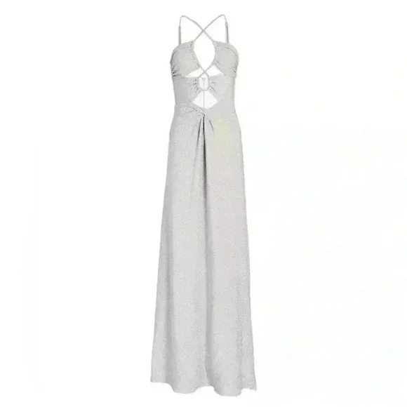 PATBO Cut-Out Lurex Maxi Dress 0 XS NWT Silver Sparkle Gown Shimmering Strappy - Picture 4 of 12